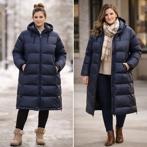 Stylus Navy Long Puffer Coat XL Hooded Zip Front Side Zips Winter